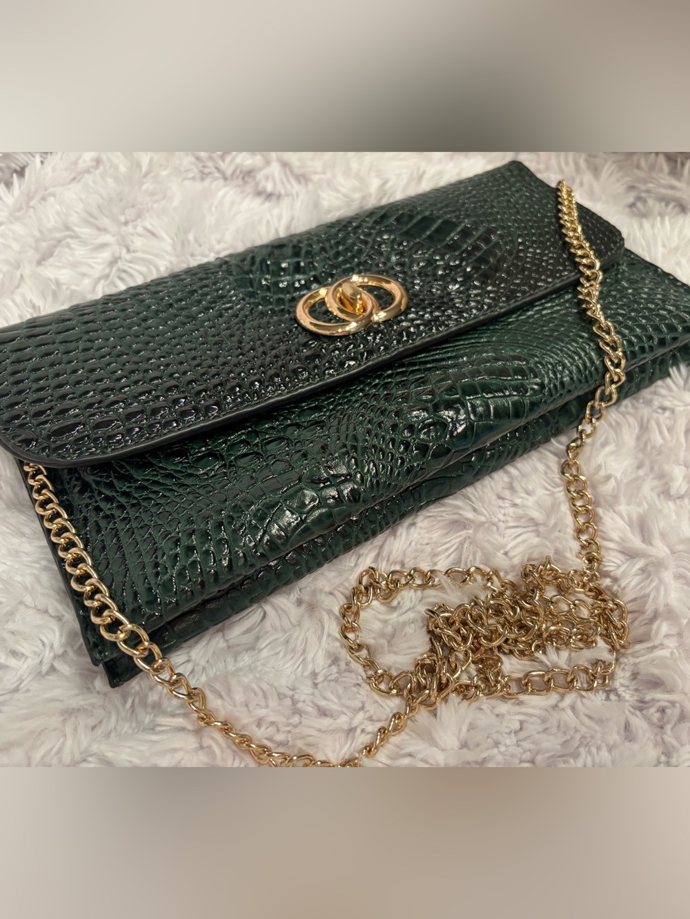 Dark Green Croc-Embossed Clutch, Gold Turn-Lock & Removable chain, 10x5.5x1.5